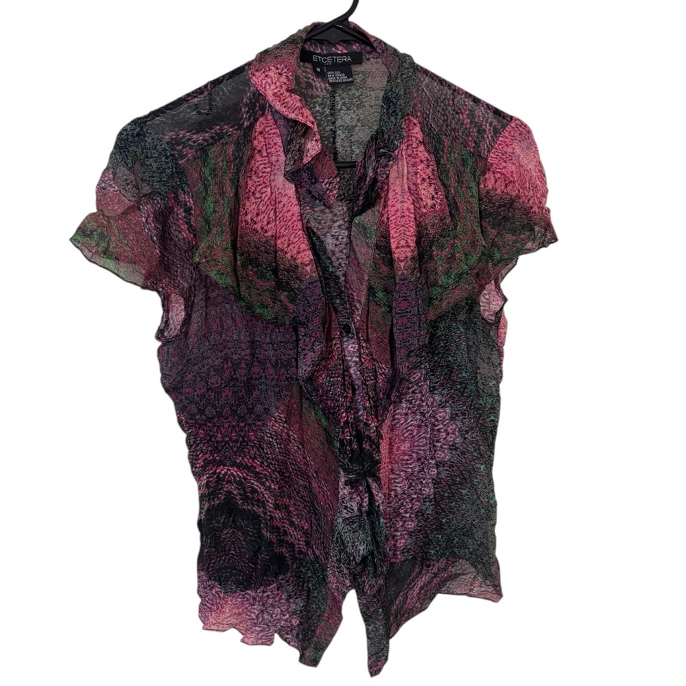 Etcetera Pink, Black & Green Sheer Ruffle Tie-Front Blouse